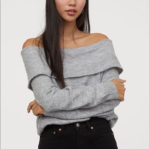 Slouchy oversized grey fold off shoulder sweater